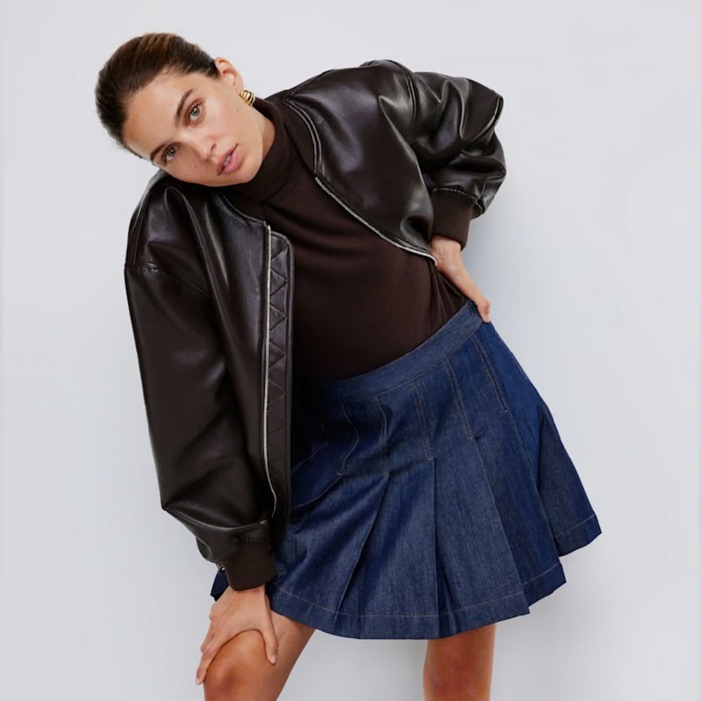 Babaton Dark Denim Pleated Skirt